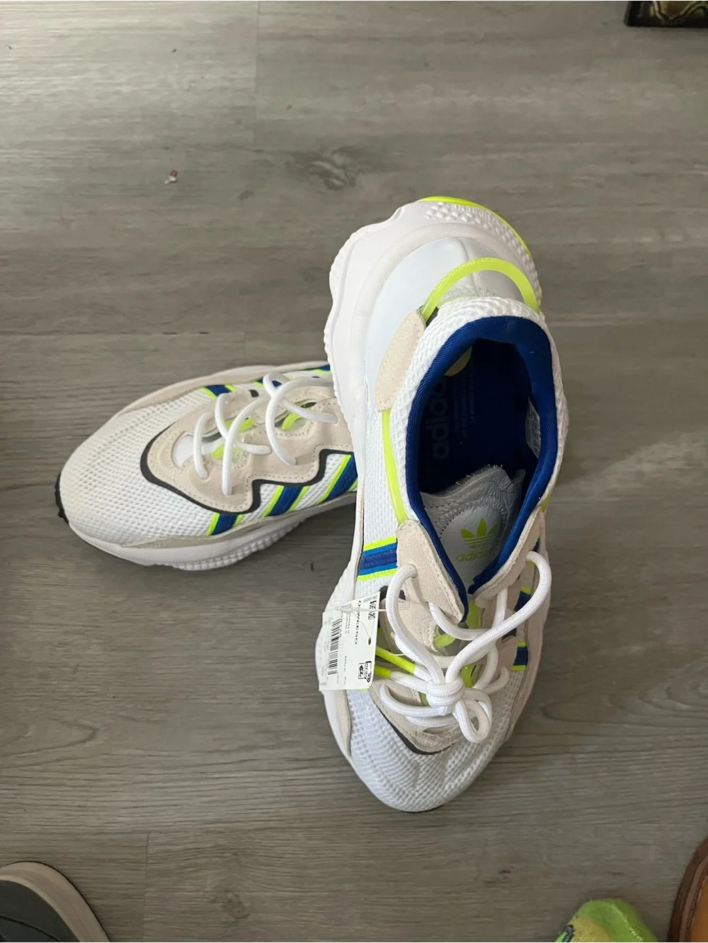 adidas men’s White Sneakers with Blue & Neon Yellow Accents